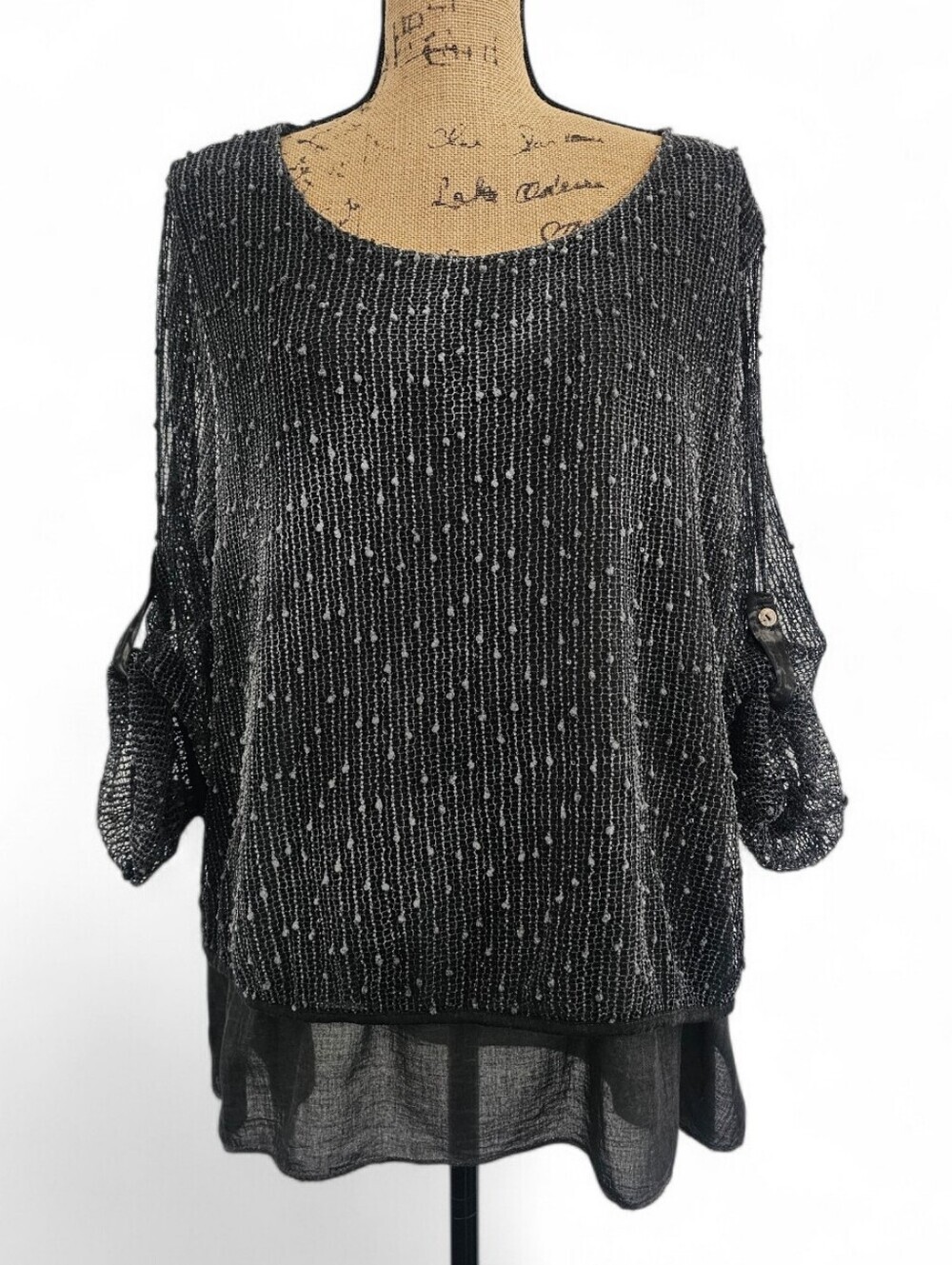 Luigi Moda Black Sparkle Layered Knit Top with Sheer Hem Made In Italy, Size M